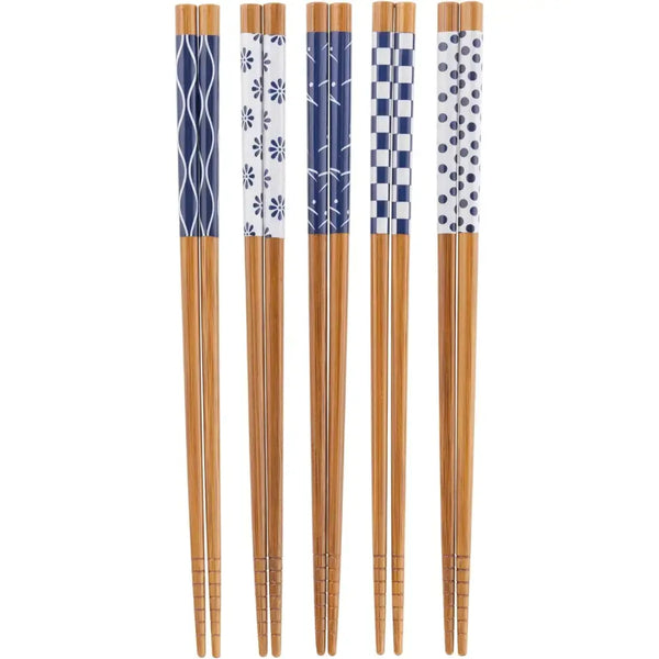 Aoba Bamboo Chopsticks Sea Patterns Blue & White 22.5cm (5 Pairs)