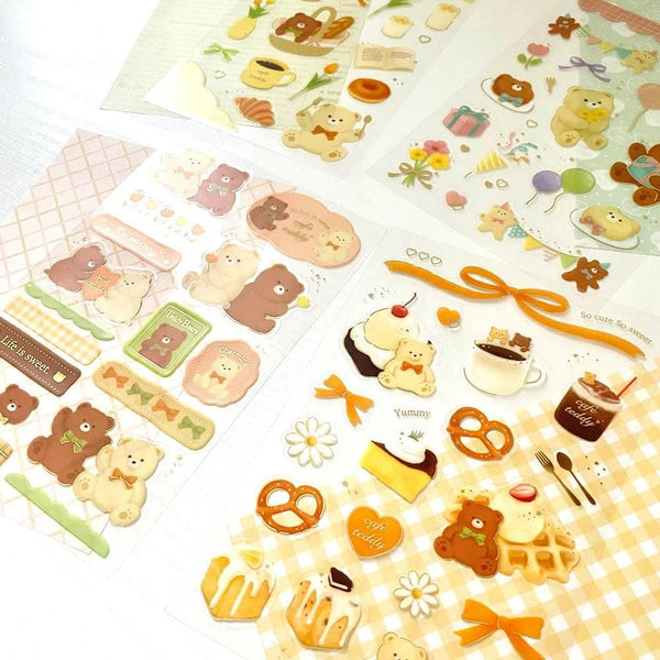 Cute Teddy Bear Stickers Set Foil Stamped Cafe Party Design