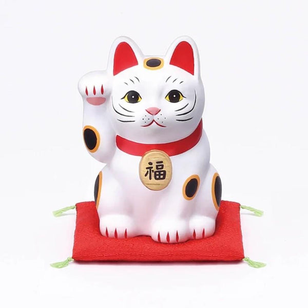 Handmade Japanese Maneki Neko Lucky Cat Ceramic Figurine White 3.1"