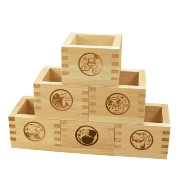 Hinoki Masu Japanese Cypress Wooden Sake Cup Lucky Character Design