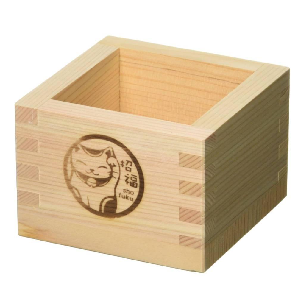 Hinoki Masu Japanese Cypress Wooden Sake Cup Maneki Neko Design