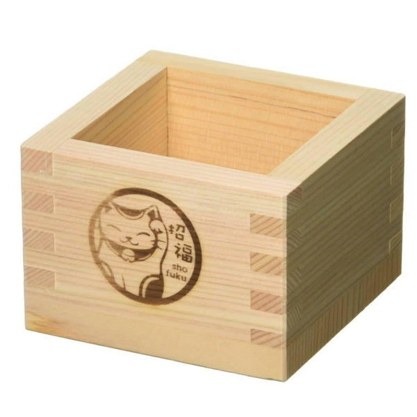 Hinoki Masu Japanese Cypress Wooden Sake Cup Maneki Neko Design
