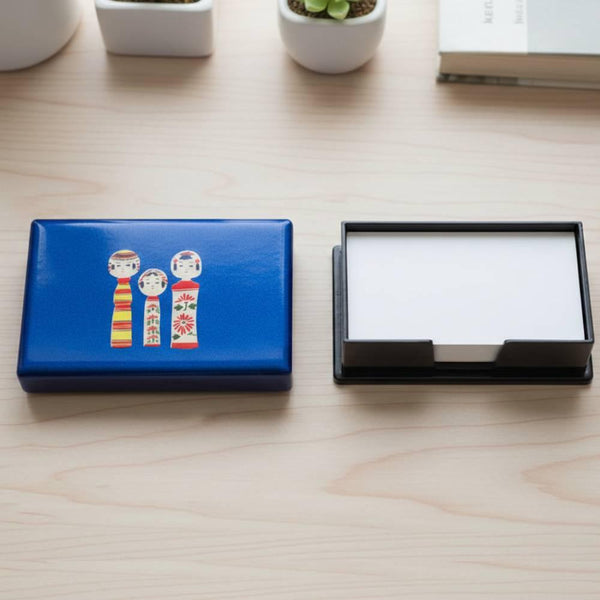 Indigo Blue Lacquered Card Holder Case Kokeshi Wooden Dolls Design