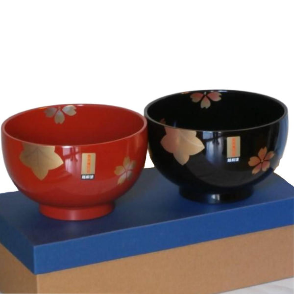 Isuke Japanese Lacquered Soup Bowls Sakura Cherry Blossom Design (Set of 2)