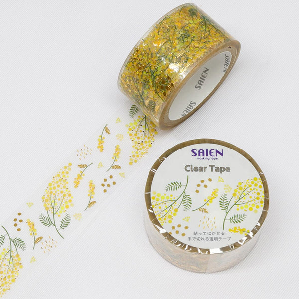Kamiiso Saien Washi Tape Yellow Floral Pattern With Gold Clear Tape 20mm
