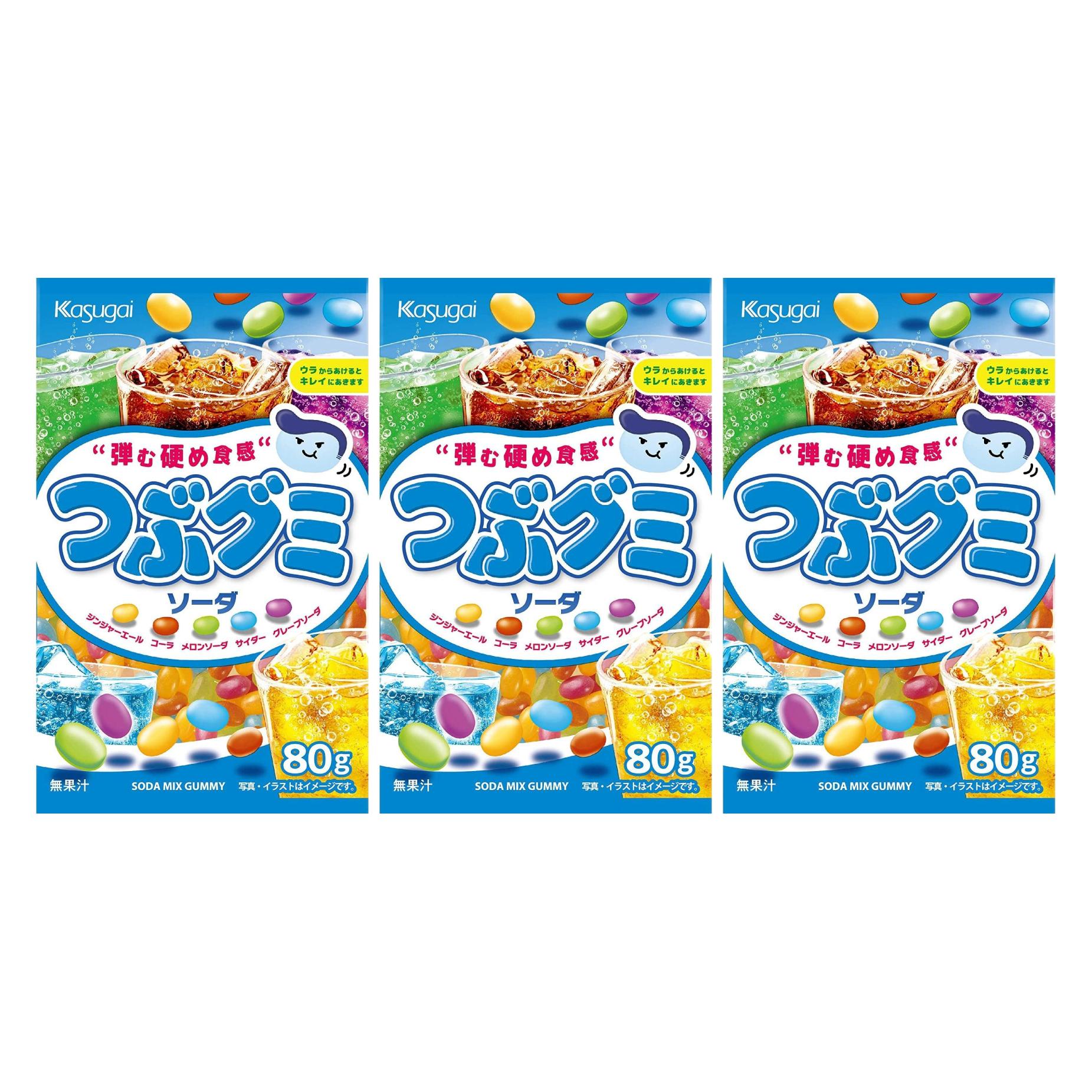 Kasugai Tsubu Gummy Mixed Soda Flavor Gummies 80g (Pack of 3)