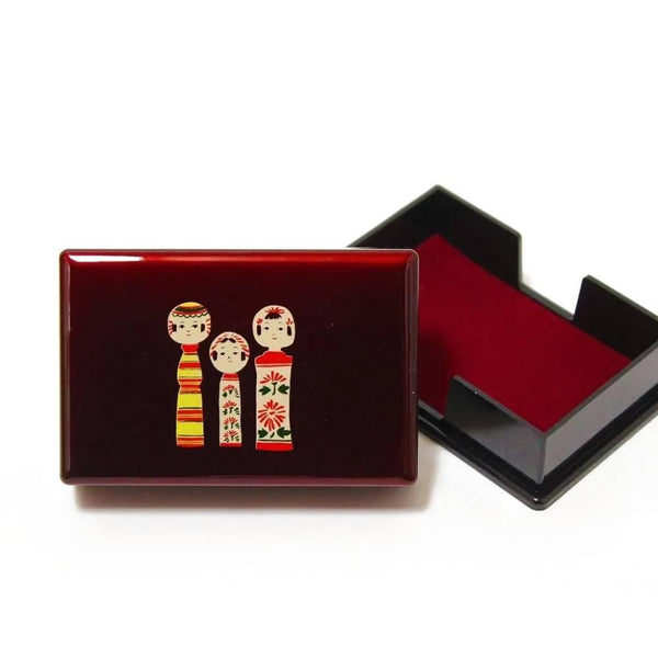 Red Lacquered Card Holder Case Kokeshi Wooden Dolls Design