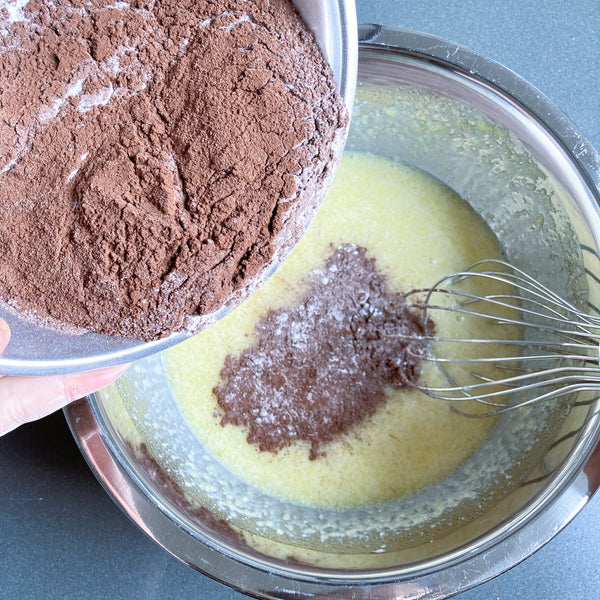 adding the dry ingredients to the wet batter