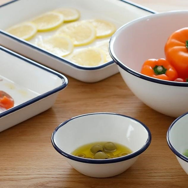 Tsuki Usagi White Enamel Bowl With Navy Blue Detailing