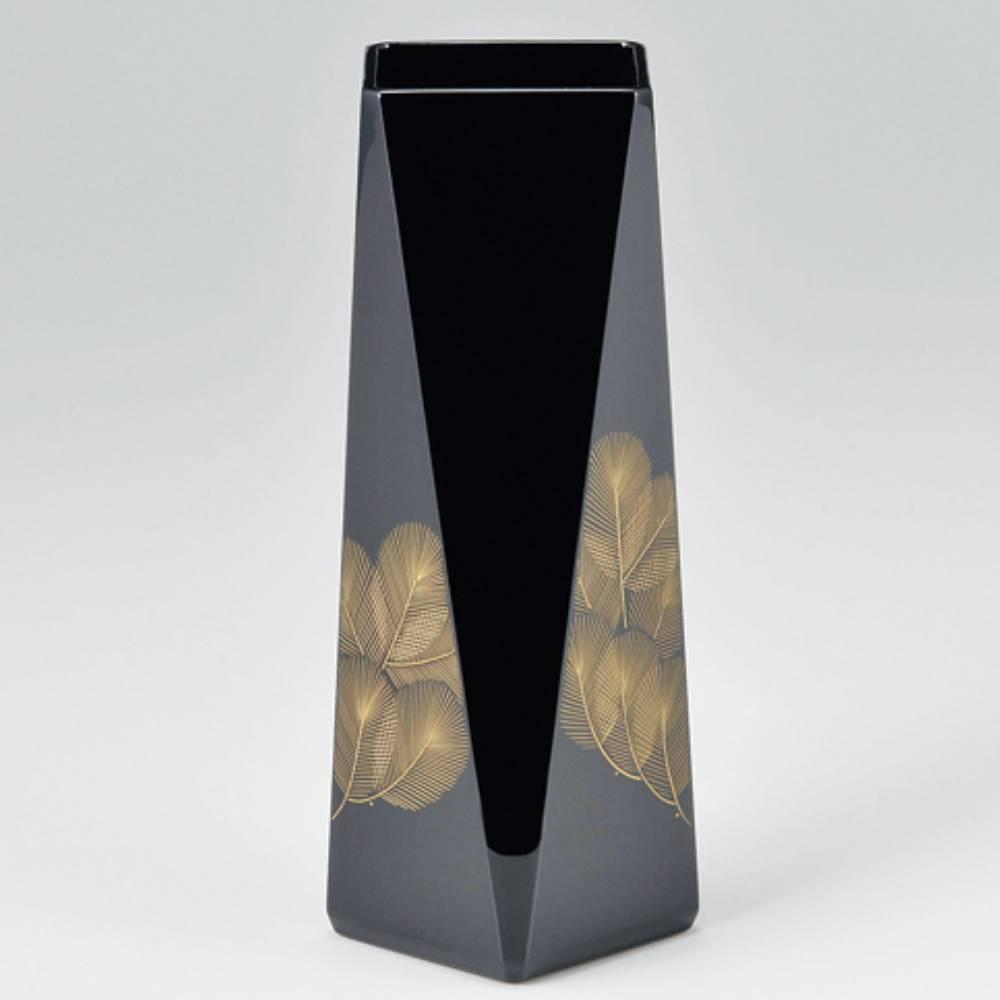 Unique Black Lacquered Wooden Flower Vase With Gold Pine Pattern