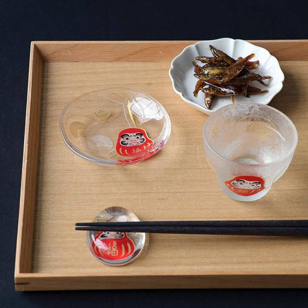 Aderia Small Glass Plate Gold Leaf Daruma Design 90mm