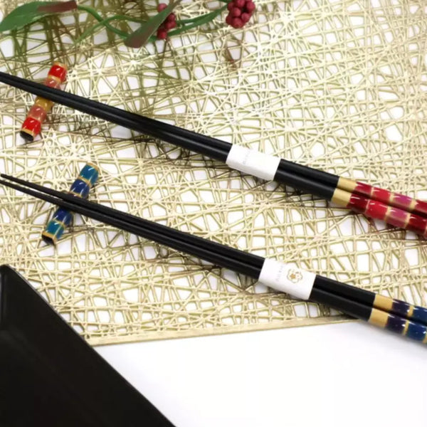 Aoba Glass Bead Design Chopsticks With Rests Blue & Red Gift Box