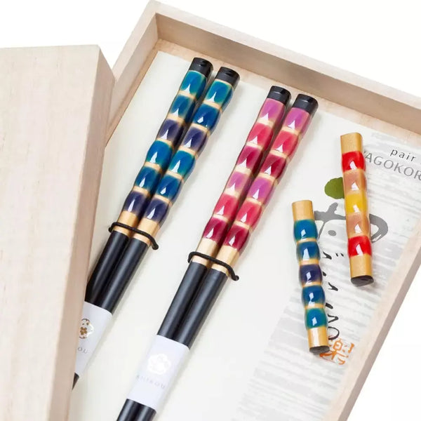 Aoba Glass Bead Design Chopsticks With Rests Blue & Red Gift Box