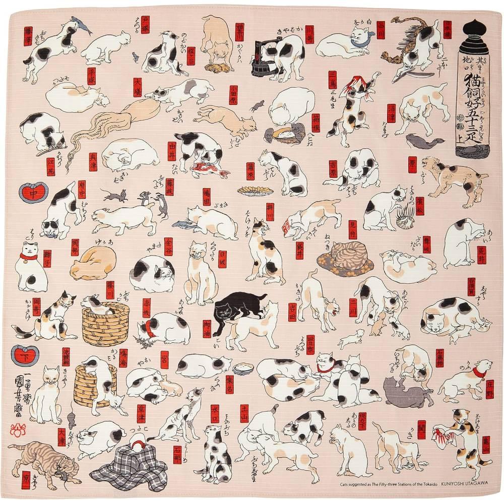 Furoshiki Ukiyo-e Cat Parade Pink Versatile Wrapping Cloth 48cm