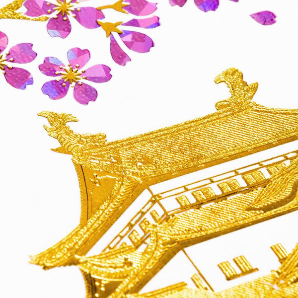 Gold Foil Stamped Postcard Nagoya Castle With Sakura Cherry Blossoms