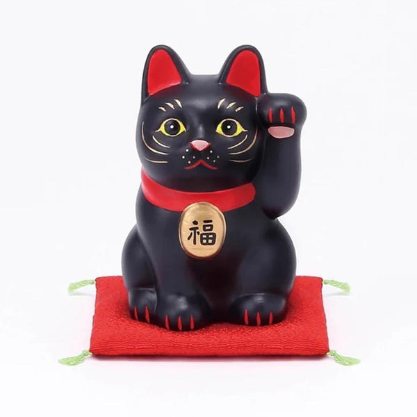 Handmade Japanese Maneki Neko Lucky Cat Ceramic Figurine Black 3.1"