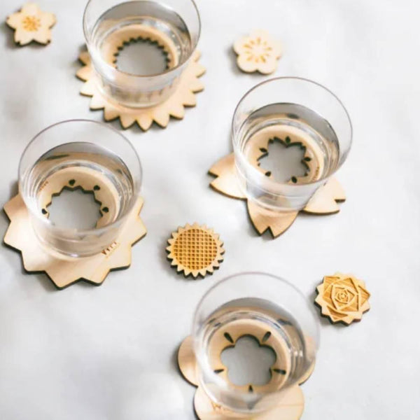 Hinoki Cypress Coaster Natural Wood Plum Blossom Flower Design 90mm