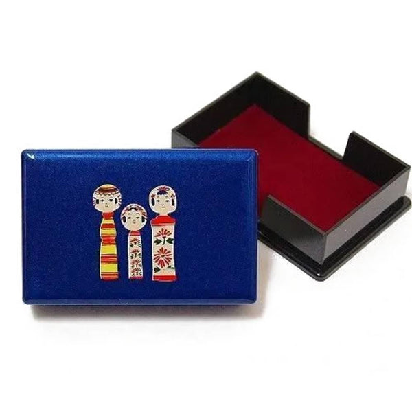 Indigo Blue Lacquered Card Holder Case Kokeshi Wooden Dolls Design
