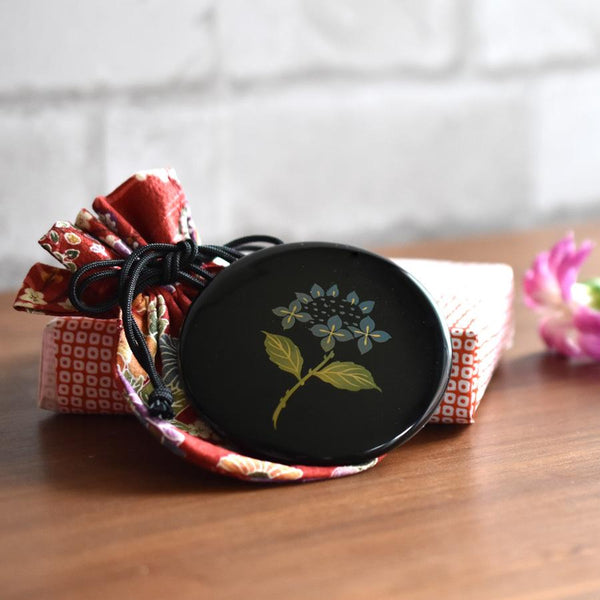 Isuke Compact Hand Mirror Hydrangea Pattern Lacquer Mirror With Bag