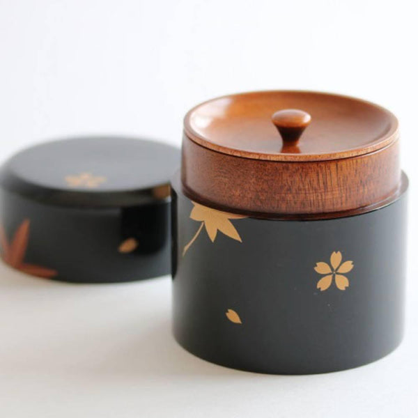 Isuke Lacquered Tea Caddy Maple & Sakura Cherry Blossom Canister
