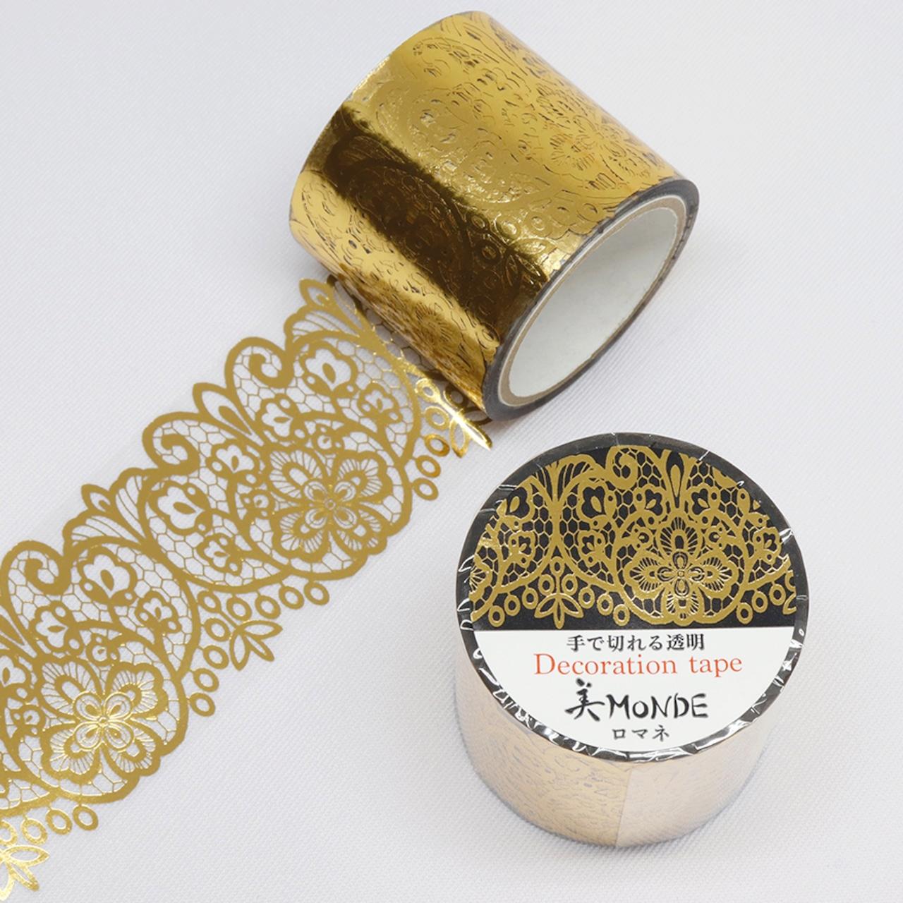 Kamiiso Monde Washi Tape Gold Foil Lace Floral Pattern Clear Tape 35mm