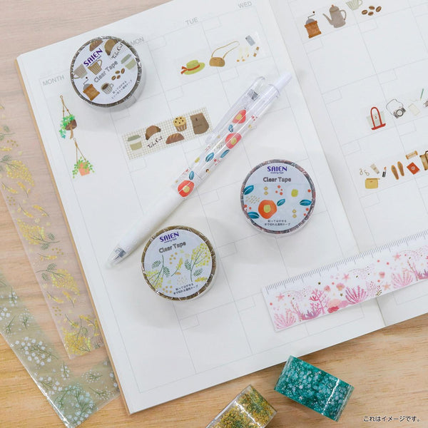 Kamiiso Saien Washi Tape Pink Coral Pattern With Gold Clear Tape 20mm