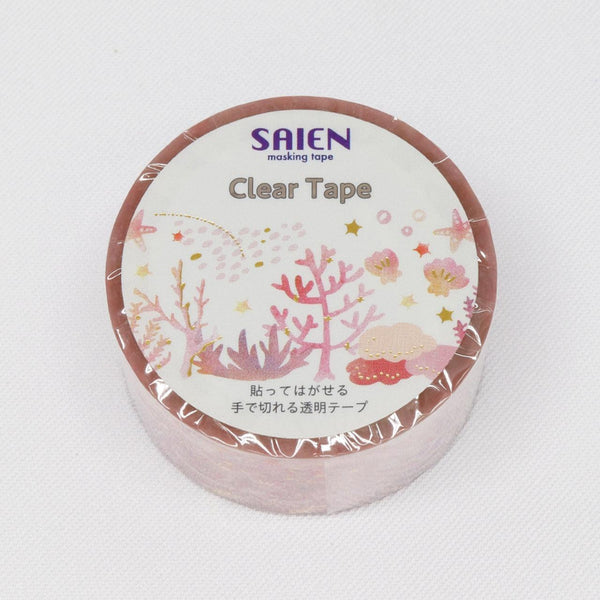 Kamiiso Saien Washi Tape Pink Coral Pattern With Gold Clear Tape 20mm