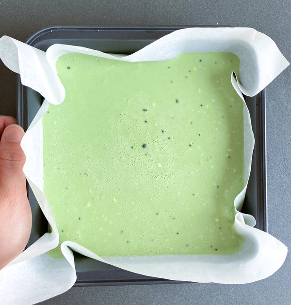 matcha mochi cake, ready to go into the oven