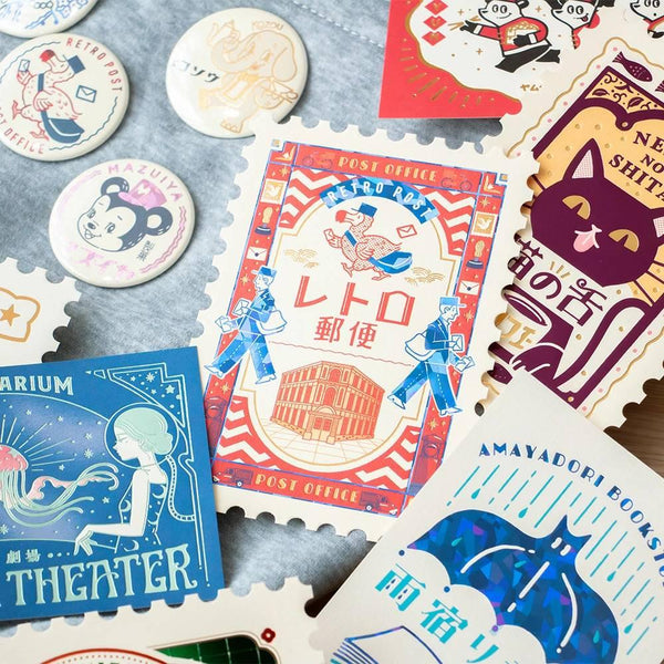 Retro Postage Stamp Shaped Postcard Foil Cat Cafe Design