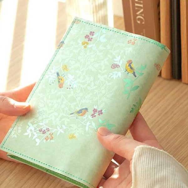 Reusable Book Cover Green Foil Stamped A Bell, a Bird, and Me Design