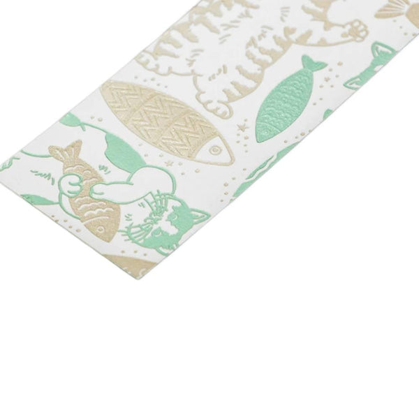 Rokkaku Bookmark Foil Stamped Cute Cat & Fish Design