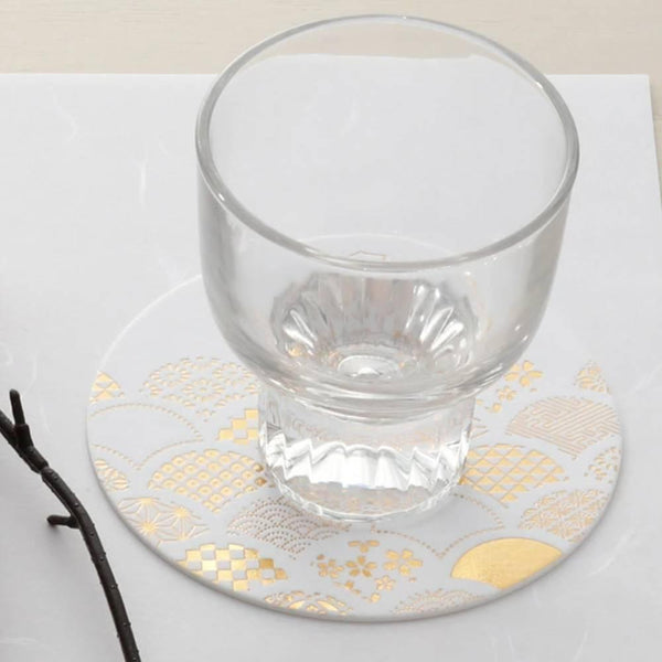 Thick Paper Coasters Elegant Gold Foil Seigaha Wave Pattern 3 ct.