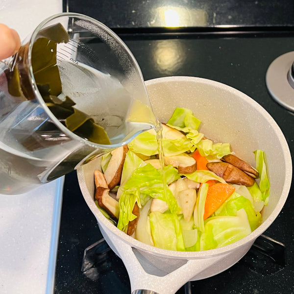 adding the kombu dashi to the vegan miso soup