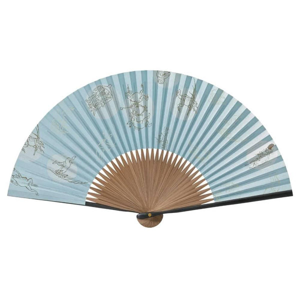 Yamani Frog & Rabbit Design Blue Sensu Handheld Folding Fan 21.5cm